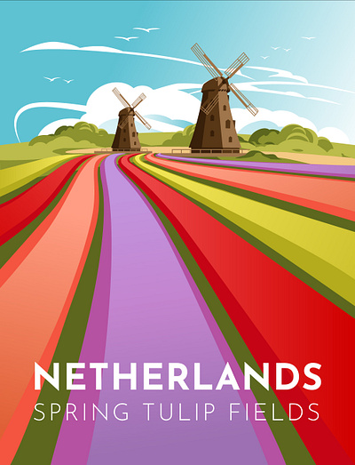 Netherlands travel poster art bloom colorfull europe field flower illustration landscape netherlands season spring symbol tourism traditional travel tulip vector art windmill
