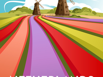 Netherlands travel poster art bloom colorfull europe field flower illustration landscape netherlands season spring symbol tourism traditional travel tulip vector art windmill