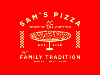 Sam's Pizza Anniversary Merch branding
