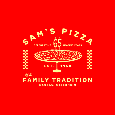 Sam's Pizza Anniversary Merch branding