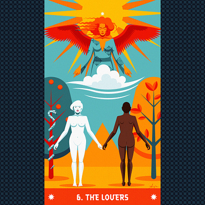 Tarot card #06: The Lovers adobe illustrator angel arcana major blue contrast daily art deck flat design illustration lovers nudity patterns portraits stylized tarot tree of life trump vector vector illustration women