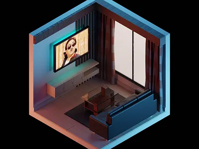 Living Room 🛋️📺 3d 3d freelancer 3d model blender curtains evee furniture icon illustration isometric isometric room model object pbr texture render room table tmk tv window