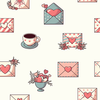 Valentine's Day Mail - seamless pattern adorable coffe cup correspondence cute delivery envelopes flowers graphic design hearts love lovers message romantic seamless pattern sentimental valentines background valentines day valentines pattern vector illustration vector pattern