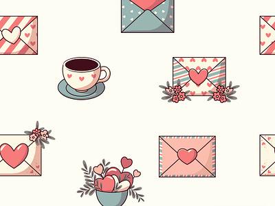 Valentine's Day Mail - seamless pattern adorable coffe cup correspondence cute delivery envelopes flowers graphic design hearts love lovers message romantic seamless pattern sentimental valentines background valentines day valentines pattern vector illustration vector pattern