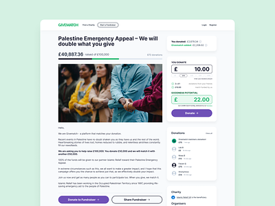 Givematch | Website appeal campaign charity donation emergency fundraising listing match non profit ui website