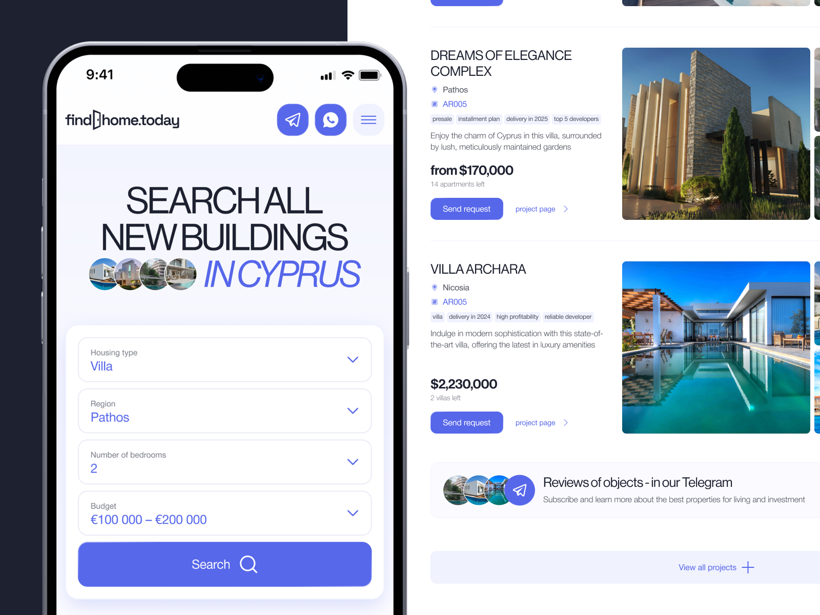 Cyprus Real Estate Platform | Desktop + Mobile 2024 adaptive aesthetic blue cyprus figma inspiration landing mobile real estate trends ui ux violet web website