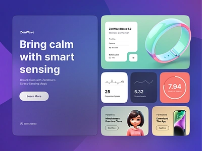 ZenWave - Bento Style Design 3d ai ai agent ai assistant app bento calm clean dashboard design minimalist statistics stats tracking ui design ux design web zen