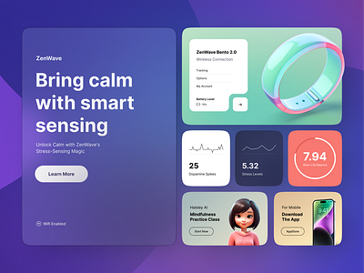 ZenWave - Bento Style Design 3d ai ai agent ai assistant app bento calm clean dashboard design minimalist statistics stats tracking ui design ux design web zen