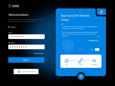 Job Agency Application Website Design - CHAMBA - Figma Template app design blue chamba construction figma template form freebie geometry google interview job job application login mexico sign in page spanish web design website design welcome page work agency