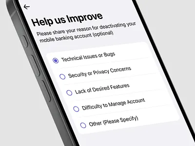 Feedback account deactivate account deactivation app canceling cancellation clean ui feedback feedback screen feedback ui feedback ux in app feedback minimal ui mobile banking sarjil survey ui uiux ux