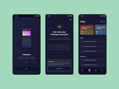 Mobile app for easy time management and financial tracking app assistant dark mode mobile ui ux