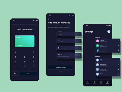 Mobile app for easy time management and financial tracking app assistant dark mode design mobile ui ux