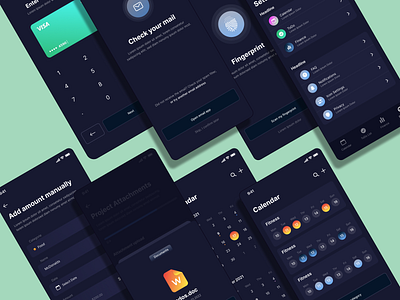 Mobile app for easy time management and financial tracking app assistant dark mode design mobile ui ux