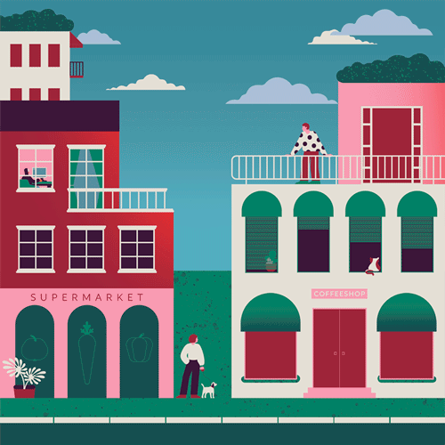 Neighbourhood animated illustration animation balloon city clouds dog editorial illustration gif green illustration illustrator minimal motion graphics neighbourhood pink sky supermarket walking windows