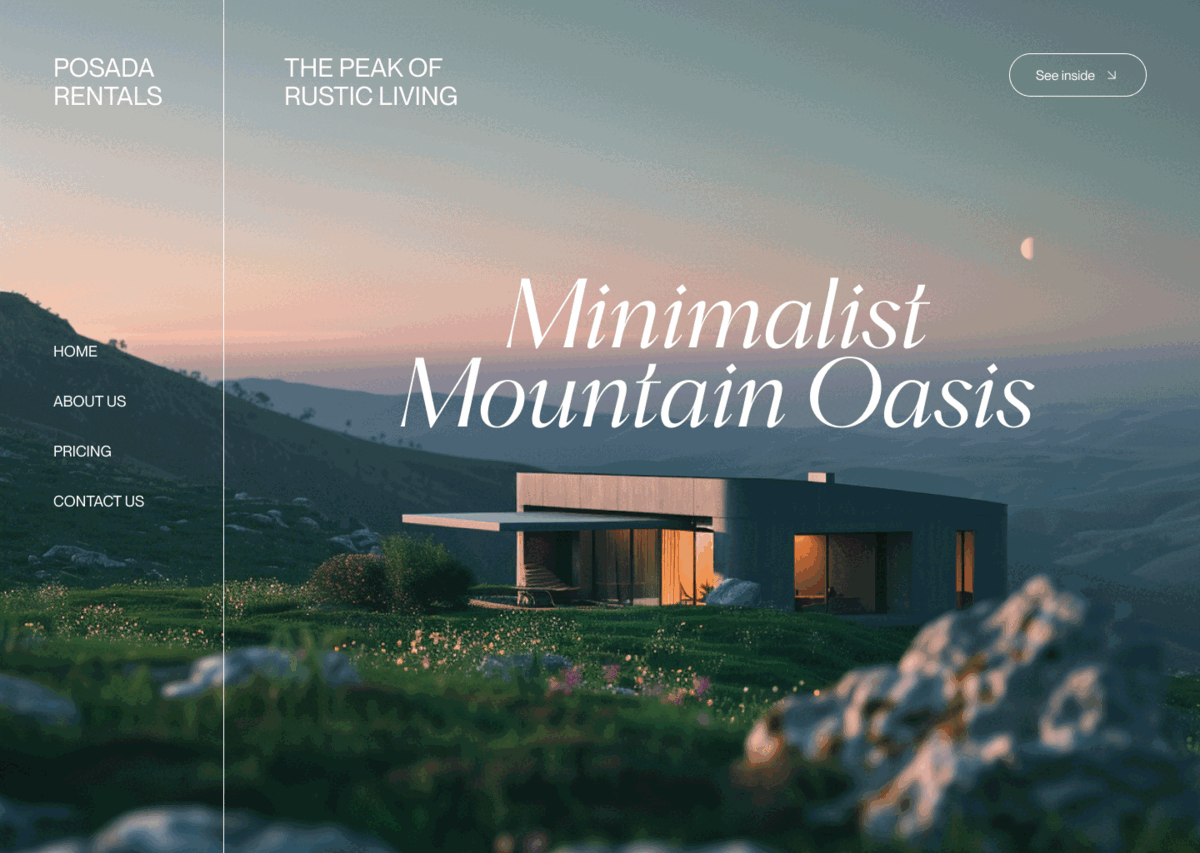 Posada Rentals - Minimal Mountain Home beautiful deco holiday home house landing page landscape living minimal mountain scenery sky typography ui web design website