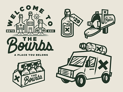 The Bourbs - Bourbon Club Design Assets bottle bourbon branding cartoon character club graphics kit logo mailbox rye script spirits truck whiskey whisky