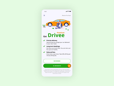 Paywall for car rental app branding graphic design ui
