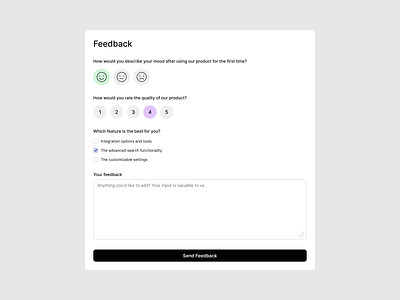 Feedback form 1 5 rate answers branding design design exploration feedback feedback form figma form design form ui multiplice choice questions product design questions rating ui ui design ux ux design webdesign website