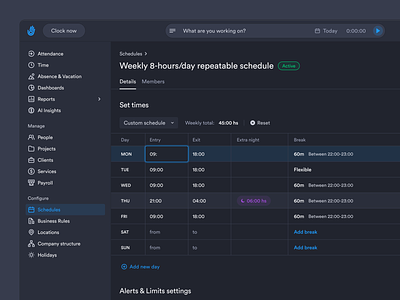 Time tracking configuration — Edit schedule details, Dark theme admin app config dark dark theme design navigation product schedule settings table time tracking ui ux web