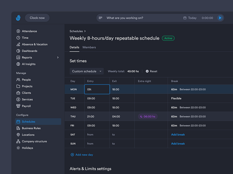 Time tracking configuration — Edit schedule details, Dark theme admin app config dark dark theme design navigation product schedule settings table time tracking ui ux web