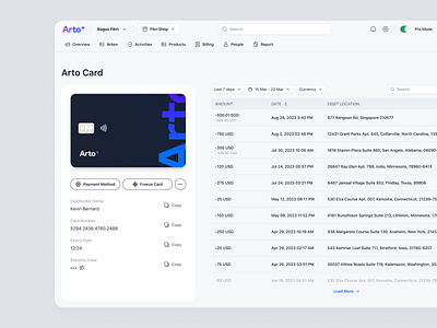 Arto Plus - Pro Mode - Arto Card card card payment financial app management pro mode product design request card saas saas design transactions ui ux