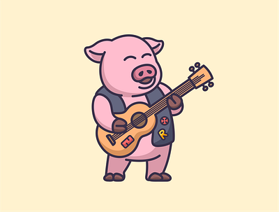 Pig Playing Guitar Illustration cartoon character colorful cute design illustration mascot pig simple