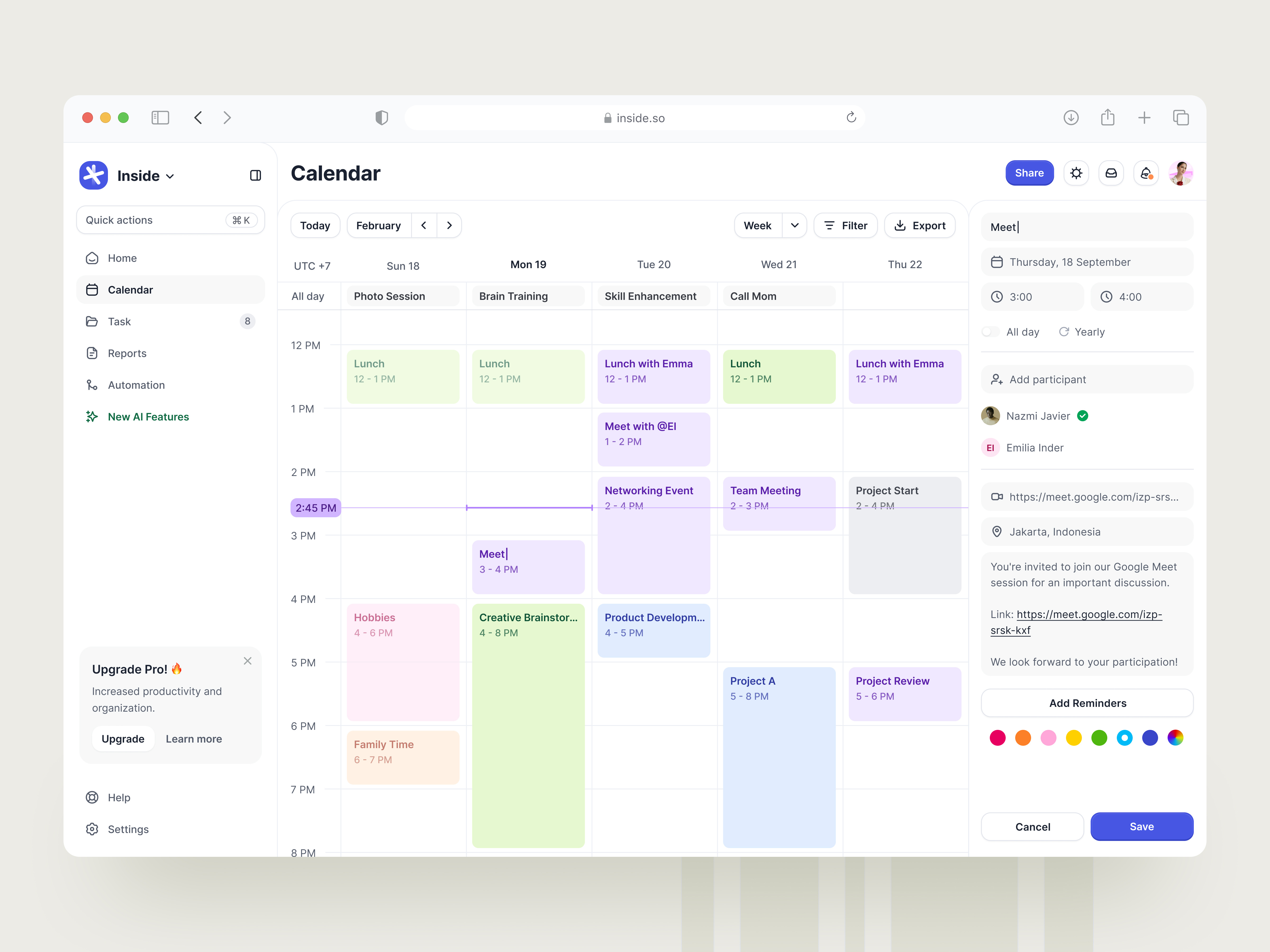 Inside Calendar Page app calendar dashboard design dribbble figma gradient graphic lifetime nazmi javier private product design product management productivity shot system task manager ui uiux unspace