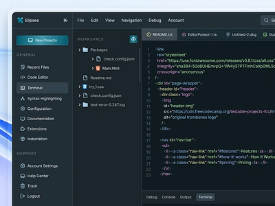 Elipsee - Code Editor Dashboard (Terminal Page) app apps code code editor code tools desktop develop development editor files source code terminal tools ui ui design uidesign user userinterface web app web design