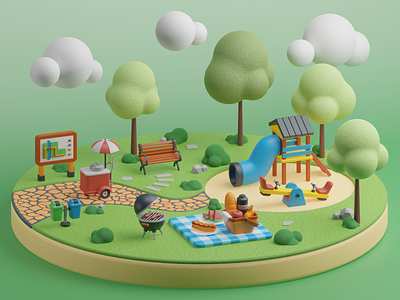 Park 3D Illustration 3d barbecue bbq bench city park environment field garden hotdog illustration outdoor park pathway picnic playground see saw slide tree
