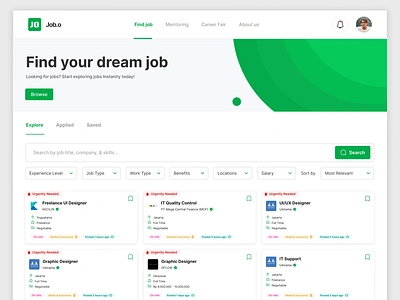 JOB.O - Job Finder Website branding dashboard design exploration finderjob graphic design job jobfinder jobhunter jobwebsite landingpage ui uidesign uiux uix website websitedesign