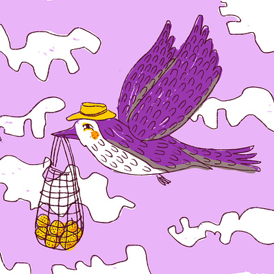 Needs bird character design childrens illustration fly food gift groceries hospice lilac naive net bag purple volunteering