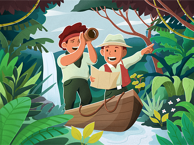 Treasure Hunter Illustration adventure character forest illustration jungle river ship travel treasure treasure hunter waterfall