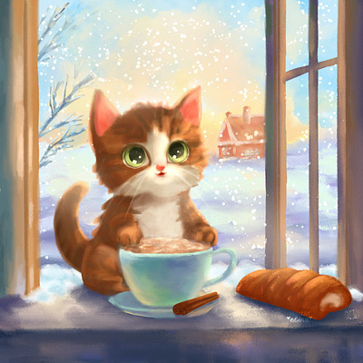 A kitten with a cup of latte book illustration character design children illustration childrens postcard digital art illustration postcard книжная иллюстрация цифровая иллюстрация
