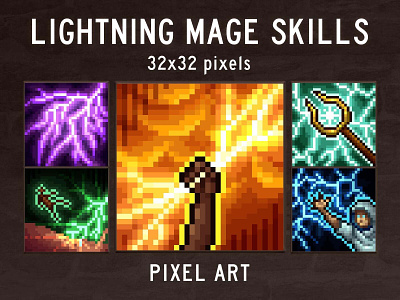 Lightning Mage Icons 32×32 Pixel Art 2d 32x32 asset assets fantasy game game assets gamedev icon icons indie indie game magical pack pixel pixelart rpg set skill skills