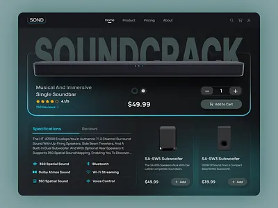 Soundcrack: Soundbar landing page banner design audio bluetooth speaker ecommerce electronics jbl landingpage music online product page shop shopify sony soundbar soundbox speaker spotify template trend2024 webdesign wordpress