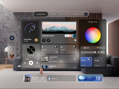 Smart Home Vision Pro ai animation app design apple design glass morphism living room motion graphics product design smart home smart light ui design ui glass morphism ui smart home ui ux ux vision pro vision pro scene vision pro ui