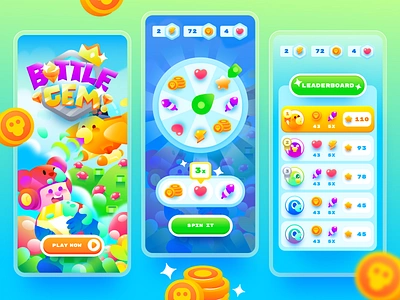 Battle Gem - The Ultimate App Game Design app design battle game character design fight game game game app game button game character game design game for kids game preview gradient illustration kids game leaderboard robot game rpg game spin screen