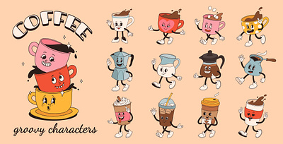 Coffee groovy characters cartoon character coffee concept design doodle drink flat funny groovy illustration logo mascot retro vector