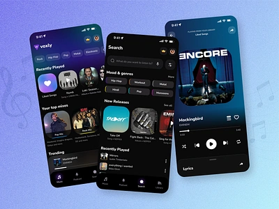 Voxly Music App app branding design discover gradiient graphic design logo minimalistdesign mobile app moderndesign music musicapp musicdiscovery search streaming ui uiuxdesign ux