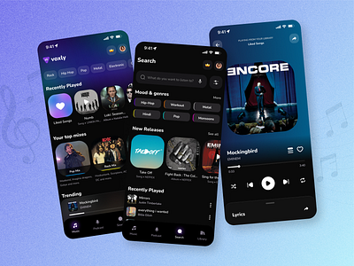 Voxly Music App app branding design discover gradiient graphic design logo minimalistdesign mobile app moderndesign music musicapp musicdiscovery search streaming ui uiuxdesign ux