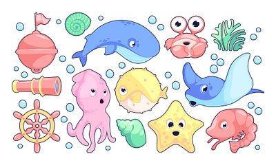 Vector illustration. Sea animals in cartoon style. 2d adobe illustrator animals bw cartoon clear colorful design icons illustration sea vector