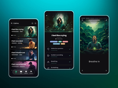 Calmo - Meditation App UI dark mode app graphic design illustration illustrative app meditation app meditation app ui motion graphics ui user interface ux wellbeing app