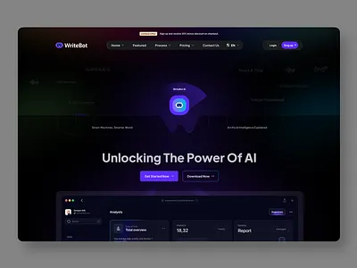WriteBot-AI Saas Landing page design ai chat ai dashboard ai design ai landing page ai power ai robot ai saas design illustration saas home page ui ux design web