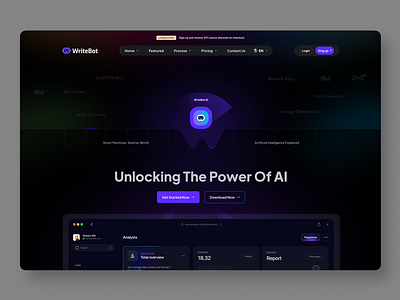 WriteBot-AI Saas Landing page design ai chat ai dashboard ai design ai landing page ai power ai robot ai saas design illustration saas home page ui ux design web