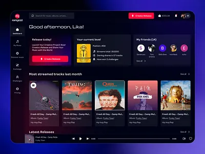 Music Platform UX UI Design app design application artist black blue dark desktop gradient mesh mobile modern music platform product design red responsive saas ui ux webdesign
