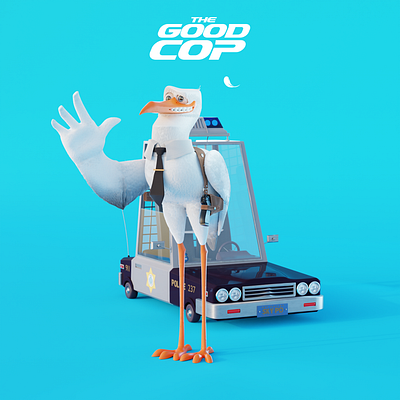 The Good Cop 3d animation bad cop blue character design good cop gun logo stork