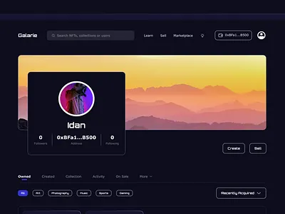 NFT Marketplace Profile Page | Galarie community crypto design marketplace nft profile ui ux web3 website