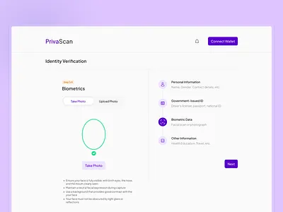 PrivaScan | Identity Verification (Biometrics) Page biometrics design identity ui upload ux verification web3