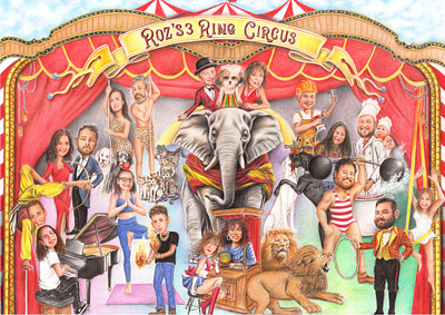 Roz's 3 Ring Circus caricature circus colored pencil drawing hand drawn illustration