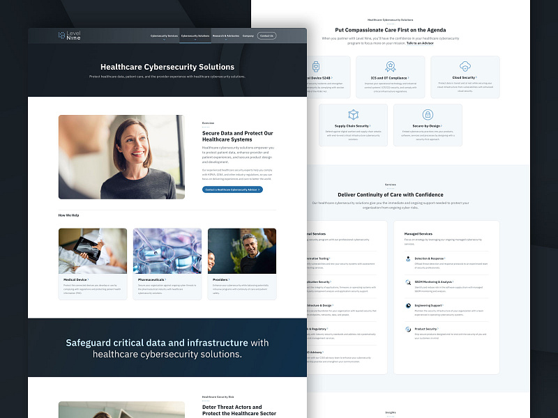 Level Nine - Healthcare Solutions page black blue charcoal clean contrast dark gradient icons large multi color one color rich ring simple sophisticated typography ui ux web design website